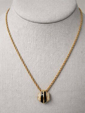 Christian Dior Gold Tone Necklace Black Stone Pendant 18”
